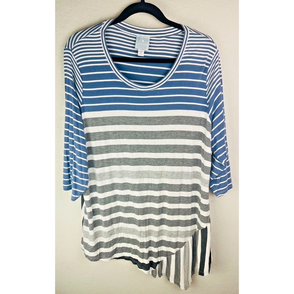 dressbarn Sunday Womens Plus 2X Striped Asymetrical Hem 3/4 Sleeve Top